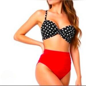 Shekini Polka Dot Vintage Sculpted Top & High-Waisted Red Bottoms Set - Size S